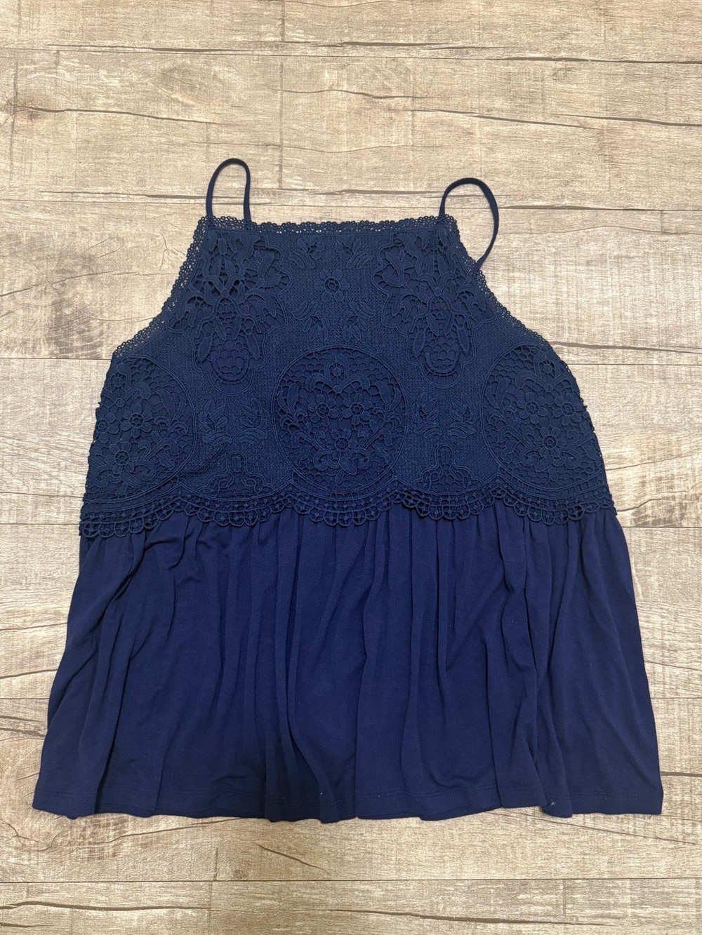 Navy Crochet-Detail Halter Tank Top